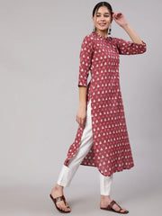 Women Mauve Ethnic Printed Straight Kurta With Three Quarter Sleeves