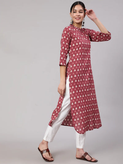 Women Mauve Ethnic Printed Straight Kurta With Three Quarter Sleeves