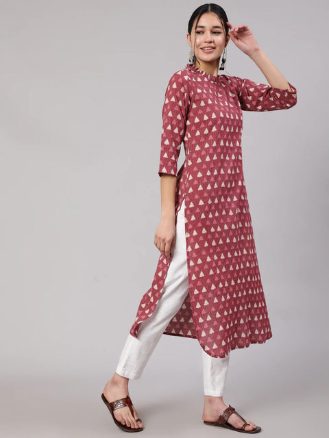 Women Mauve Ethnic Printed Straight Kurta With Three Quarter Sleeves