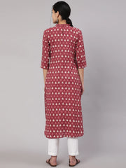 Women Mauve Ethnic Printed Straight Kurta With Three Quarter Sleeves