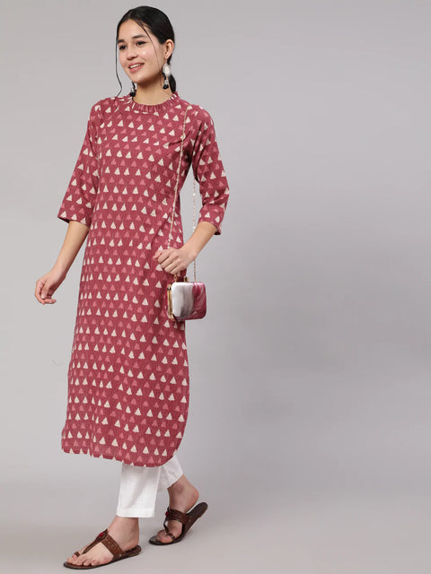 Women Mauve Ethnic Printed Straight Kurta With Three Quarter Sleeves