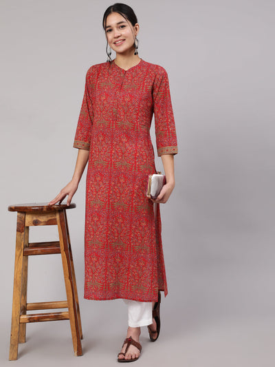 Women Red Printed Straight Kurta With Three Quarter Sleeves