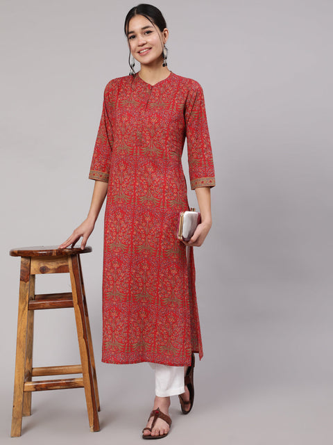 Women Red Printed Straight Kurta With Three Quarter Sleeves