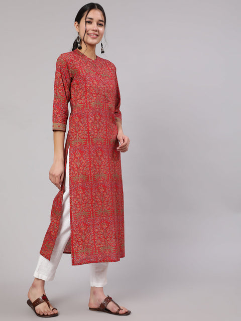 Women Red Printed Straight Kurta With Three Quarter Sleeves