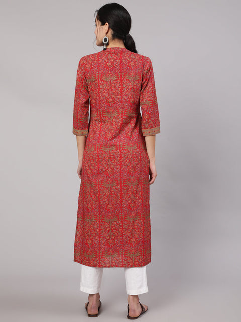 Women Red Printed Straight Kurta With Three Quarter Sleeves