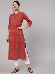Women Red Printed Straight Kurta With Three Quarter Sleeves