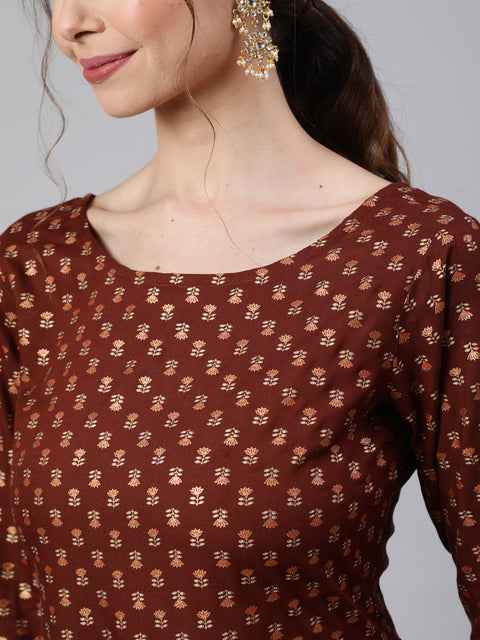 Wome Brown Printed Flared Dress With Three quarter Sleeves