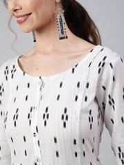 Women Off White Ikat Printed Flared Dress With Three Quarter sleeves