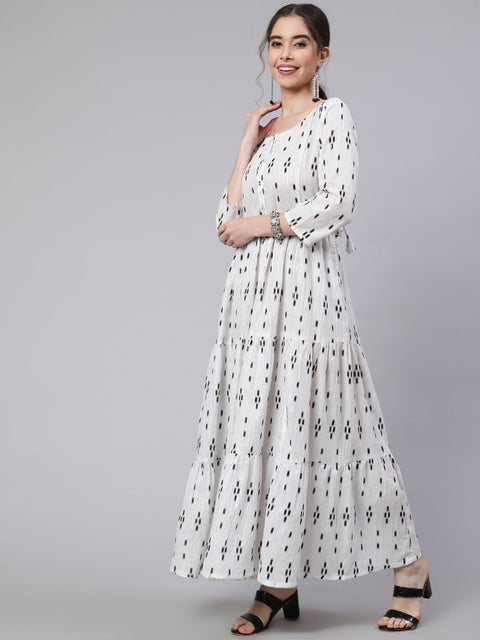 Women Off White Ikat Printed Flared Dress With Three Quarter sleeves