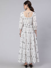 Women Off White Ikat Printed Flared Dress With Three Quarter sleeves