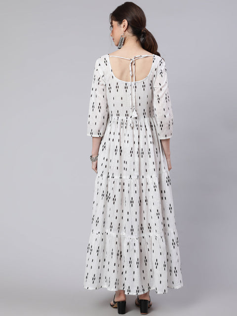 Women Off White Ikat Printed Flared Dress With Three Quarter sleeves