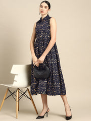 Wome Navy Blue Printed Flared Sleeveless Dress