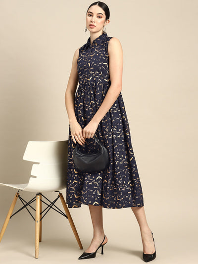 Wome Navy Blue Printed Flared Sleeveless Dress