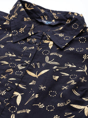 Wome Navy Blue Printed Flared Sleeveless Dress