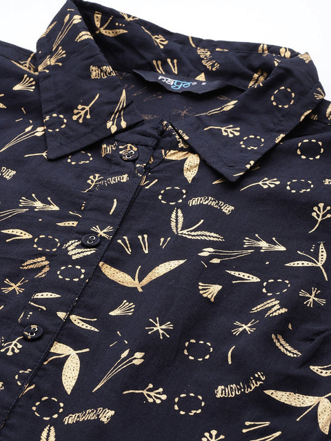 Wome Navy Blue Printed Flared Sleeveless Dress