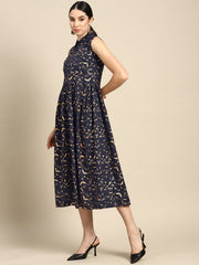 Wome Navy Blue Printed Flared Sleeveless Dress