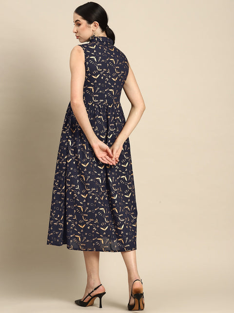 Wome Navy Blue Printed Flared Sleeveless Dress