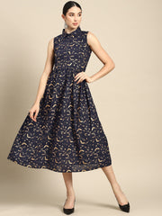 Wome Navy Blue Printed Flared Sleeveless Dress
