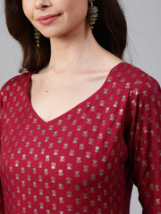 Wome Burgundy Printed Flared Dress With Three quarter Sleeves