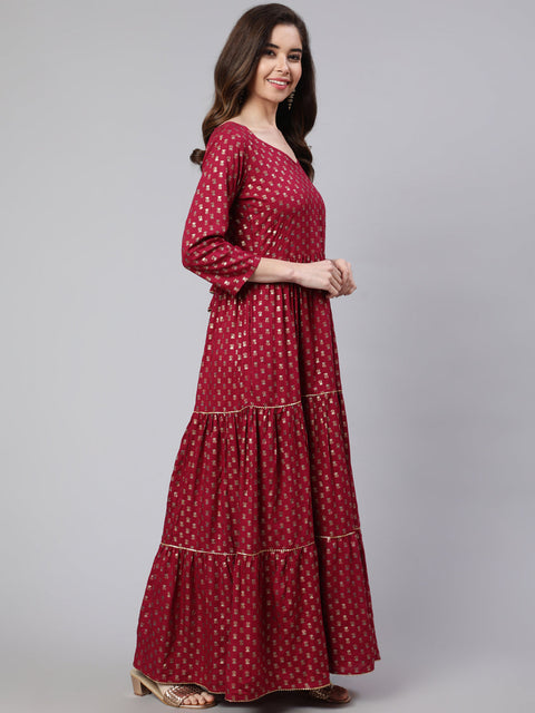 Wome Burgundy Printed Flared Dress With Three quarter Sleeves