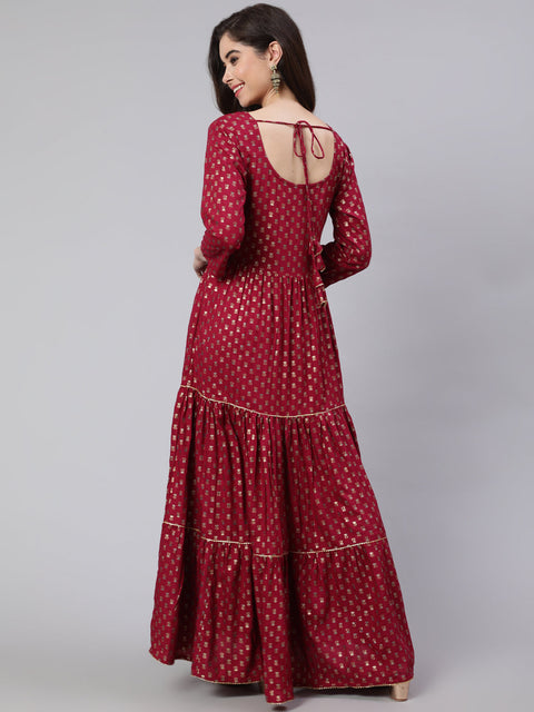Wome Burgundy Printed Flared Dress With Three quarter Sleeves