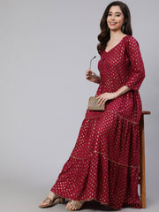 Wome Burgundy Printed Flared Dress With Three quarter Sleeves
