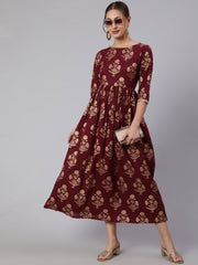 Wome Burgundy Printed Flared Dress With Three quarter Sleeves