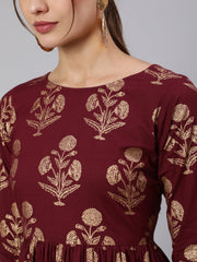 Wome Burgundy Printed Flared Dress With Three quarter Sleeves