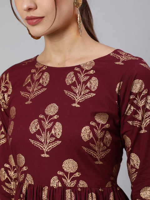 Wome Burgundy Printed Flared Dress With Three quarter Sleeves