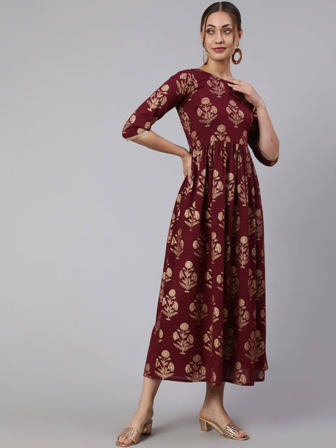 Wome Burgundy Printed Flared Dress With Three quarter Sleeves
