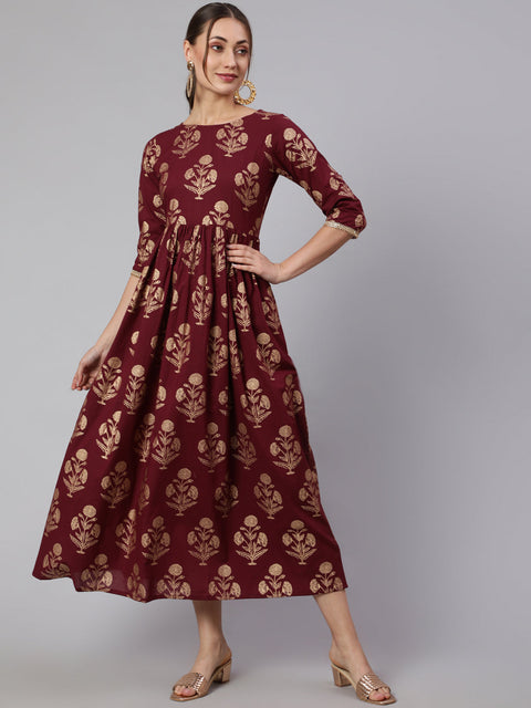Wome Burgundy Printed Flared Dress With Three quarter Sleeves