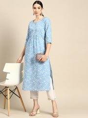 Wome Blue Printed Flared Kurta With Three quarter Sleeves