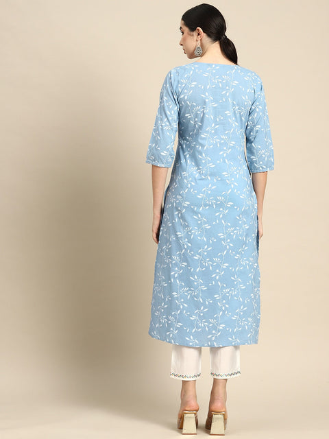 Wome Blue Printed Flared Kurta With Three quarter Sleeves