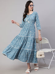 Wome Blue Ethinc Printed Tired Dress With Tie up Neck