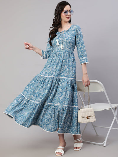 Wome Blue Ethinc Printed Tired Dress With Tie up Neck