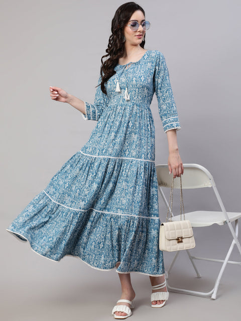 Wome Blue Ethinc Printed Tired Dress With Tie up Neck
