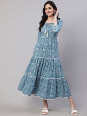 Wome Blue Ethinc Printed Tired Dress With Tie up Neck