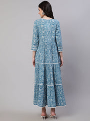 Wome Blue Ethinc Printed Tired Dress With Tie up Neck