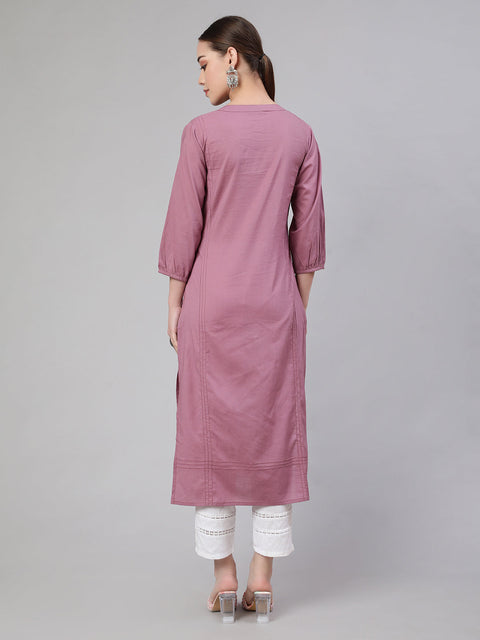 Women Mauve Straight Kurta With Three Quarter Sleeves