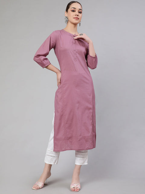 Women Mauve Straight Kurta With Three Quarter Sleeves