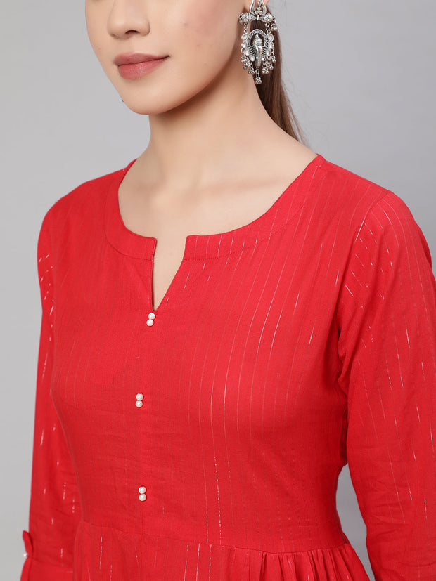 Wome Red Striped Flared Dress With Three Quarter sleeves