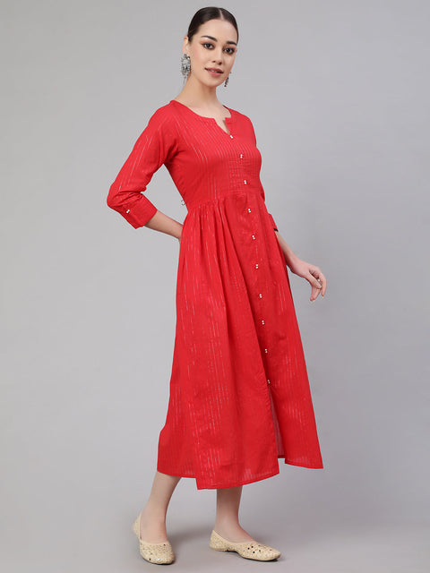 Wome Red Striped Flared Dress With Three Quarter sleeves