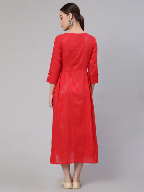 Wome Red Striped Flared Dress With Three Quarter sleeves