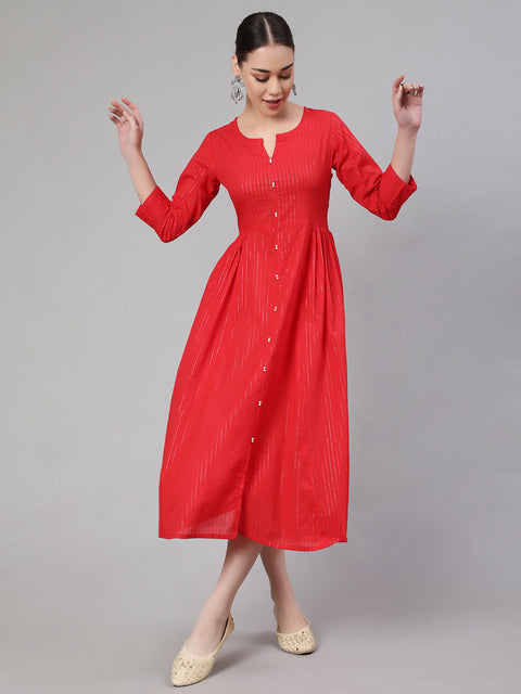 Wome Red Striped Flared Dress With Three Quarter sleeves