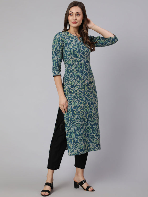 Women Teal Green Ethnic Printed Straight Kurta With Three Quarter Sleeves