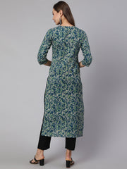 Women Teal Green Ethnic Printed Straight Kurta With Three Quarter Sleeves