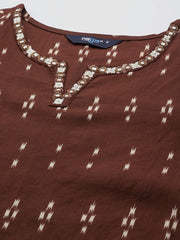 Women Brown Embroidered Ikat Printed Straight Tunic