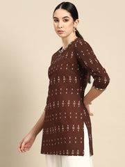Women Brown Embroidered Ikat Printed Straight Tunic