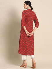 Women Red Straight Kurta With Three Quarter Sleeves
