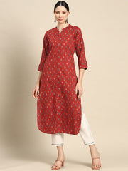 Women Red Straight Kurta With Three Quarter Sleeves